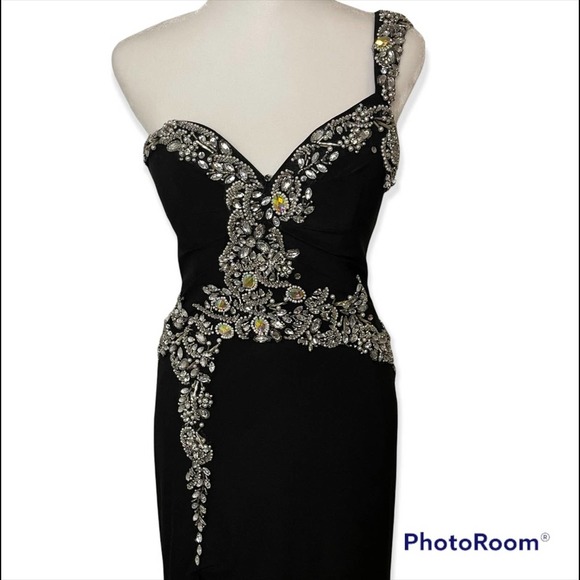FIESTA long Black beaded sequin Prom Special Event One shoulder Gown XS - Picture 3 of 7